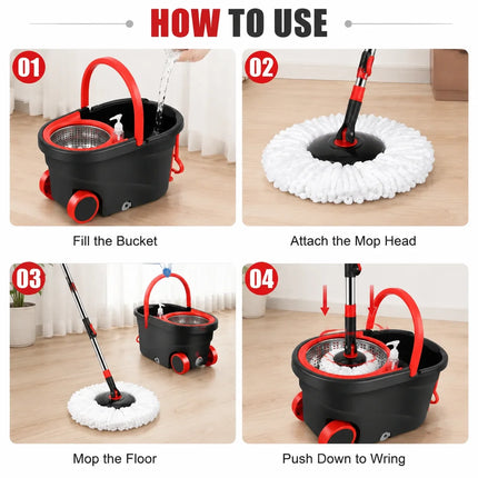 Spin Mop & Bucket Set, Hands-Free Wringing Mop with 360° Rotating Head, Telescopic Handle & Rolling Wheels, Microfiber Mop for Home Kitchen Bathroom Floor Cleaning