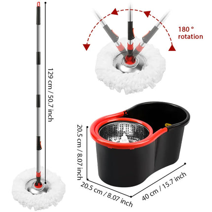 Spin Mop Bucket Set 360° Rotating Floor Cleaning Mop System with Microfiber Mop Heads Stainless Steel Wringer for Home Hardwood Tile Floors