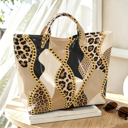 1pc leopard metal chain stitching pattern bright PVC tote bag, retro luxury printing, large-capacity handbag, outdoor travel commuting, storage of beauty books, travel paraphernalia, short handle handbag.