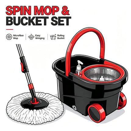Spin Mop & Bucket Set, Hands-Free Wringing Mop with 360° Rotating Head, Telescopic Handle & Rolling Wheels, Microfiber Mop for Home Kitchen Bathroom Floor Cleaning