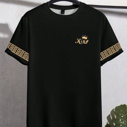 T Shirt for Man Men's Black and Golden Casual T-shirt Printed with "King" Crown + Arm Pattern Clothing Light Luxury Personality