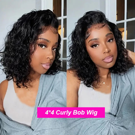 Curly Bob Wig Human Hair Glueless 13x4 Lace Front Wigs 250% Density Mongolian HD Kinky Curly Bob Lace Frontal Wigs Wet and Wavy