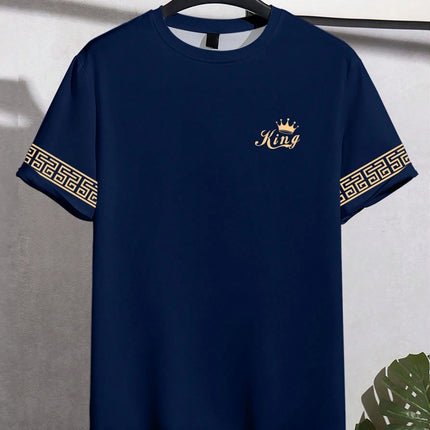 T Shirt for Man Men's Black and Golden Casual T-shirt Printed with "King" Crown + Arm Pattern Clothing Light Luxury Personality