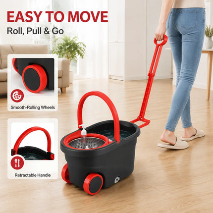 Spin Mop & Bucket Set, Hands-Free Wringing Mop with 360° Rotating Head, Telescopic Handle & Rolling Wheels, Microfiber Mop for Home Kitchen Bathroom Floor Cleaning