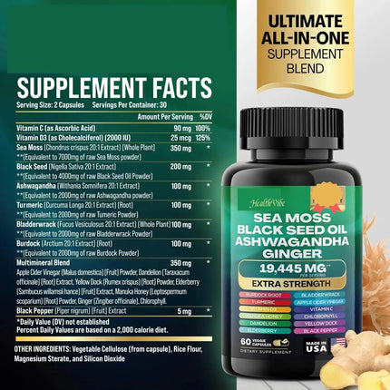 Clean Nutraceuticals Sea Moss Capsules 19,445mg - 16-in-1 Extra Strength with Black Seed Oil, Ashwagandha & Ginger for Immune Support