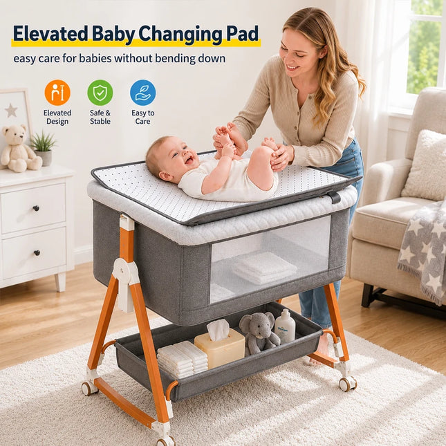 Baby Bassinet Bedside Sleeper with Diaper Changing Table, 3-in-1 Portable Baby Crib, Adjustable Height Cradle with Wheels