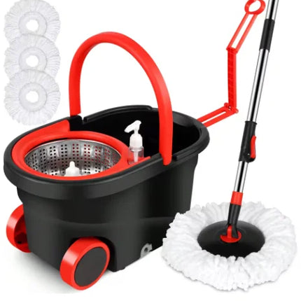 Spin Mop & Bucket Set, Hands-Free Wringing Mop with 360° Rotating Head, Telescopic Handle & Rolling Wheels, Microfiber Mop for Home Kitchen Bathroom Floor Cleaning