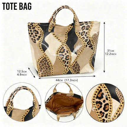 1pc leopard metal chain stitching pattern bright PVC tote bag, retro luxury printing, large-capacity handbag, outdoor travel commuting, storage of beauty books, travel paraphernalia, short handle handbag.