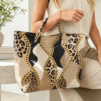 1pc leopard metal chain stitching pattern bright PVC tote bag, retro luxury printing, large-capacity handbag, outdoor travel commuting, storage of beauty books, travel paraphernalia, short handle handbag.