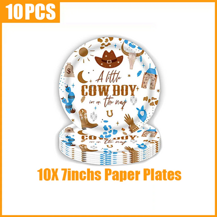 A Little Cowboy Baby Shower Decor Set, My First Rodeo Western Themed Disposable Tableware Kit for Boys 1st Birthday Party