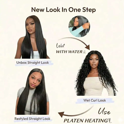 2-in-1 Straight to Water Wave 100% Human Hair Wig Dream Curl 13x4 Lace Front Glueless Wig Wet and Wavy Drawstring Wig