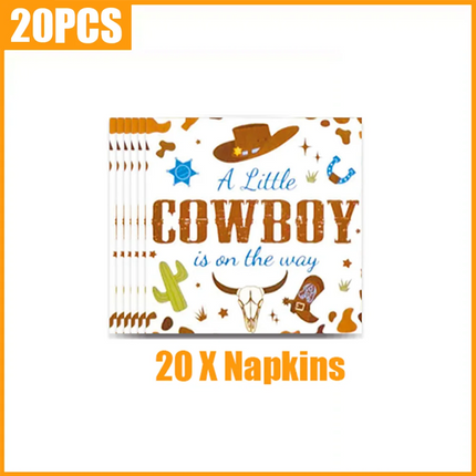 A Little Cowboy Baby Shower Decor Set, My First Rodeo Western Themed Disposable Tableware Kit for Boys 1st Birthday Party