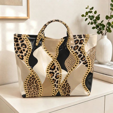 1pc leopard metal chain stitching pattern bright PVC tote bag, retro luxury printing, large-capacity handbag, outdoor travel commuting, storage of beauty books, travel paraphernalia, short handle handbag.
