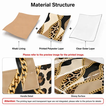 1pc leopard metal chain stitching pattern bright PVC tote bag, retro luxury printing, large-capacity handbag, outdoor travel commuting, storage of beauty books, travel paraphernalia, short handle handbag.
