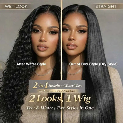 2-in-1 Straight to Water Wave 100% Human Hair Wig Dream Curl 13x4 Lace Front Glueless Wig Wet and Wavy Drawstring Wig