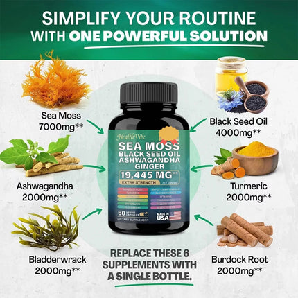 Clean Nutraceuticals Sea Moss Capsules 19,445mg - 16-in-1 Extra Strength with Black Seed Oil, Ashwagandha & Ginger for Immune Support