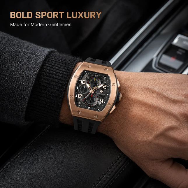 TSAR BOMBA Men's Luxury Quartz Watch, Sapphire Crystal, Chronograph, 5ATM Water Resistant, Rose Gold Business Fashion Wristwatch