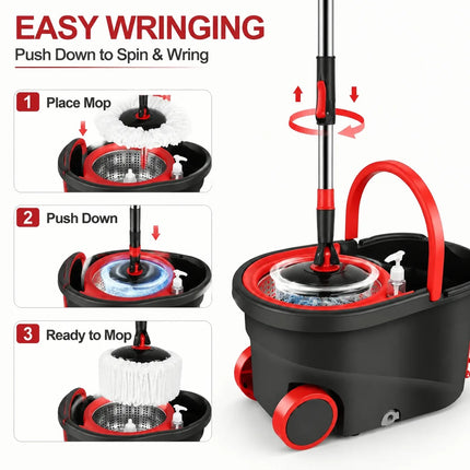 Spin Mop & Bucket Set, Hands-Free Wringing Mop with 360° Rotating Head, Telescopic Handle & Rolling Wheels, Microfiber Mop for Home Kitchen Bathroom Floor Cleaning
