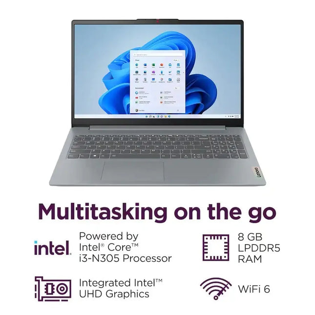 Lenovo IdeaPad Slim 3i 15.6" Full HD Laptop, Intel Core I3-N305, 8GB RAM, 128 UFS, Windows 11 Home, Arctic Grey