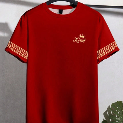 T Shirt for Man Men's Black and Golden Casual T-shirt Printed with "King" Crown + Arm Pattern Clothing Light Luxury Personality