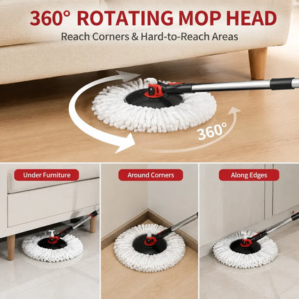 Spin Mop & Bucket Set, Hands-Free Wringing Mop with 360° Rotating Head, Telescopic Handle & Rolling Wheels, Microfiber Mop for Home Kitchen Bathroom Floor Cleaning