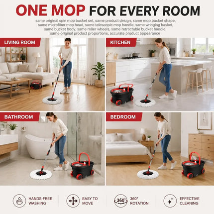 Spin Mop & Bucket Set, Hands-Free Wringing Mop with 360° Rotating Head, Telescopic Handle & Rolling Wheels, Microfiber Mop for Home Kitchen Bathroom Floor Cleaning
