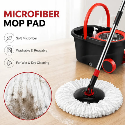 Spin Mop & Bucket Set, Hands-Free Wringing Mop with 360° Rotating Head, Telescopic Handle & Rolling Wheels, Microfiber Mop for Home Kitchen Bathroom Floor Cleaning