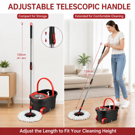Spin Mop & Bucket Set, Hands-Free Wringing Mop with 360° Rotating Head, Telescopic Handle & Rolling Wheels, Microfiber Mop for Home Kitchen Bathroom Floor Cleaning