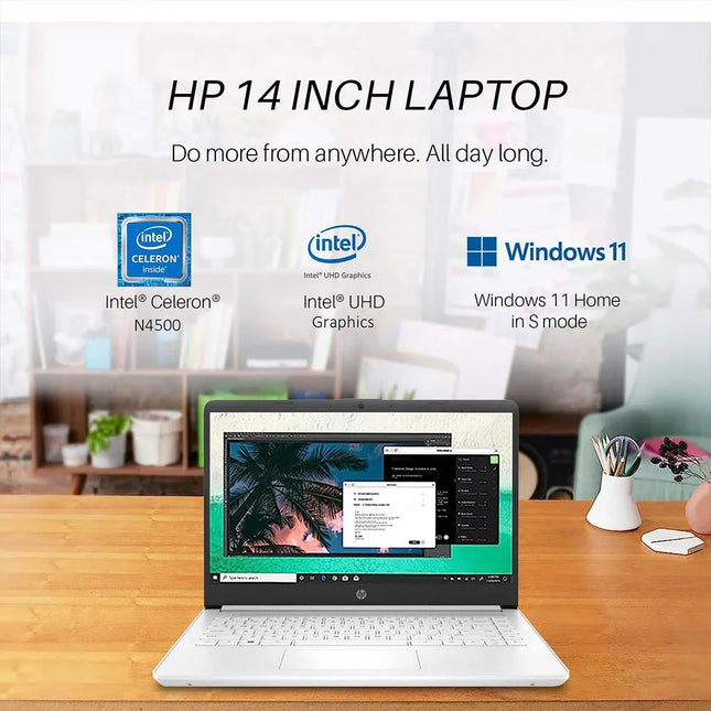 HP 14" 2025 Business Laptop,Intel Celeron N4500,16GB RAM,320GB Storage,1-Year Office 365,WiFi 6,Windows 11 S,Snowflake White