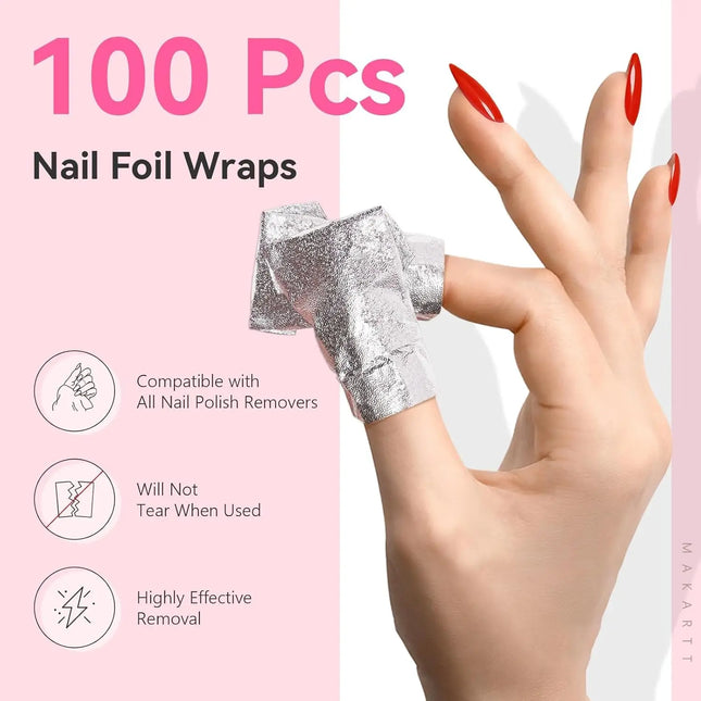100PCS Soak Off Nail Foil Wraps Pre-Attached Cotton Pads for Gel Polish Acrylic Dip Powder Builder Gel Nail Glue Removal Manicur