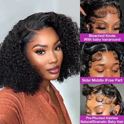 Curly Bob Wig Human Hair Glueless 13x4 Lace Front Wigs 250% Density Mongolian HD Kinky Curly Bob Lace Frontal Wigs Wet and Wavy
