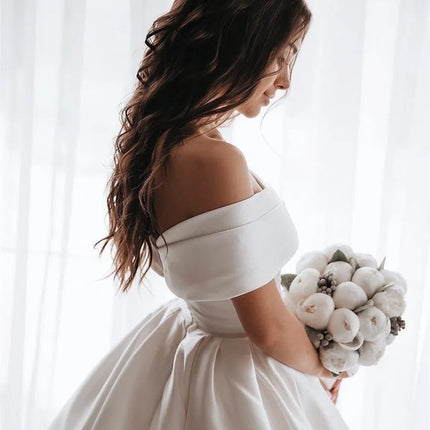 Customized Luxury White Satin Ball Gown Wedding Dress Off The Shoulder Sweep Train Appliques Bride Dresses Vetidos de novia
