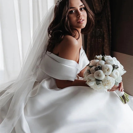 Customized Luxury White Satin Ball Gown Wedding Dress Off The Shoulder Sweep Train Appliques Bride Dresses Vetidos de novia