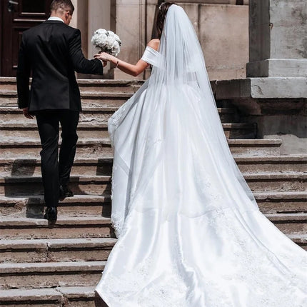 Customized Luxury White Satin Ball Gown Wedding Dress Off The Shoulder Sweep Train Appliques Bride Dresses Vetidos de novia