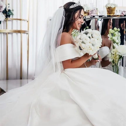 Customized Luxury White Satin Ball Gown Wedding Dress Off The Shoulder Sweep Train Appliques Bride Dresses Vetidos de novia