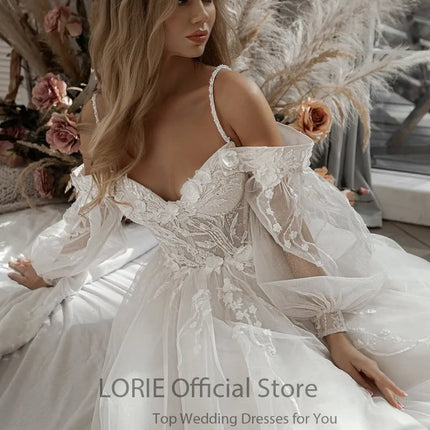 LORIE Glitter Wedding Dresses Puff Sleeve Appliques Lace 3D Flower off Shoulder Tulle Boho Bride Gown Customized vestidosdenovia