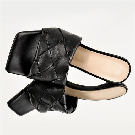 Onlymaker Women's Mlues Square Toe Black Thin High Heels Slip On Sandals