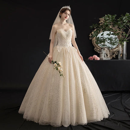 Customized Made Real Photo Plus size Bead Strapless Lace Wedding Dresses Cheap Ivory Champagne Bride Frocks Vestidos De Novia