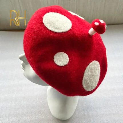 RH Ladies Cute Mushrooms Red Handmade Wool Felt Beret Creative Painter Hat Girls Birthday Gift Warm Cap For Autumn Winter