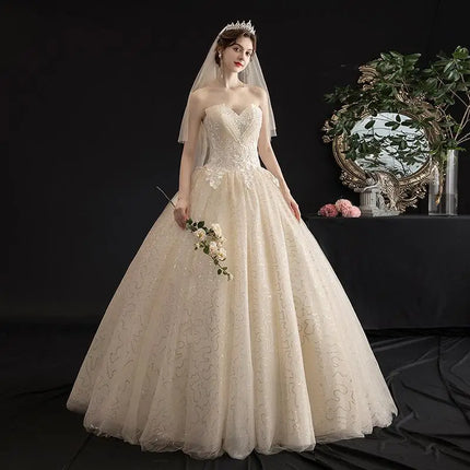 Customized Made Real Photo Plus size Bead Strapless Lace Wedding Dresses Cheap Ivory Champagne Bride Frocks Vestidos De Novia