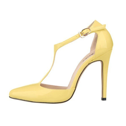 Women's Fashion Pointed Toe T-Strap Sandals Buckle Ankle Strap Patent Leather OL Casual High Heel Office Shoes Red Wedding Pumps