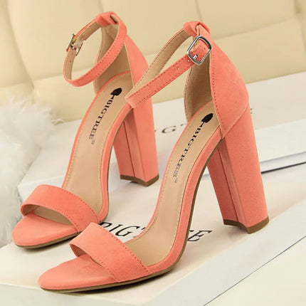 Summer Women Sandals Pumps Ankle Strap Square High Heels Sandalias Mujer Flock Open Toe Sexy Shoes Woman Plus Size 34-43 WSH4121