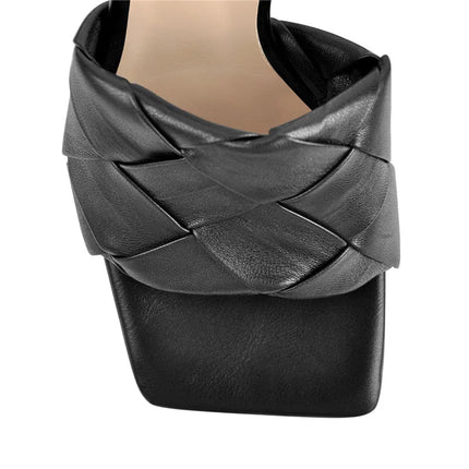 Onlymaker Women's Mlues Square Toe Black Thin High Heels Slip On Sandals