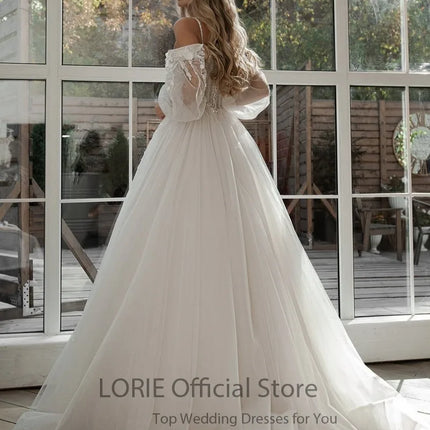 LORIE Glitter Wedding Dresses Puff Sleeve Appliques Lace 3D Flower off Shoulder Tulle Boho Bride Gown Customized vestidosdenovia