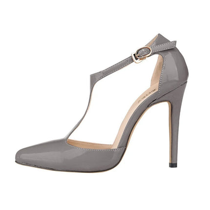 Women's Fashion Pointed Toe T-Strap Sandals Buckle Ankle Strap Patent Leather OL Casual High Heel Office Shoes Red Wedding Pumps