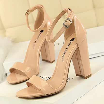 Summer Women Sandals Pumps Ankle Strap Square High Heels Sandalias Mujer Flock Open Toe Sexy Shoes Woman Plus Size 34-43 WSH4121