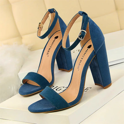 BIGTREE 8 Colors Women High Heels Sandals Concise Flock/PU Open Toe Buckle Sexy Woman Party Sandal Summer Shoes Big Size 34-43
