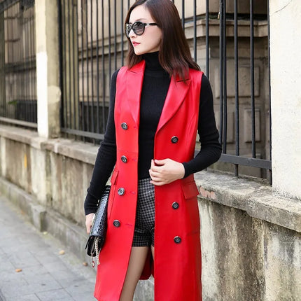 Office Lady Lapel Collar Double Breasted Sleeveless Dress Knee Length Womens Luxury Sheepskin Real Leather Sarafan Party Dresses