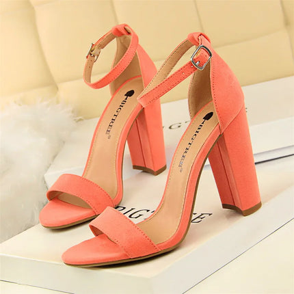 BIGTREE 8 Colors Women High Heels Sandals Concise Flock/PU Open Toe Buckle Sexy Woman Party Sandal Summer Shoes Big Size 34-43