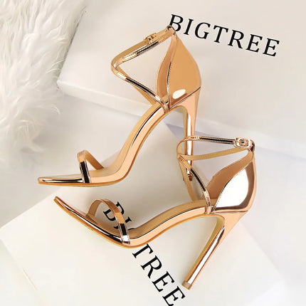 BIGTREE Shoes Pumps Open Toe High Heels Patent Leather Women Heels Stiletto 11 Cm Summer Heels Sandals Women Party Shoes